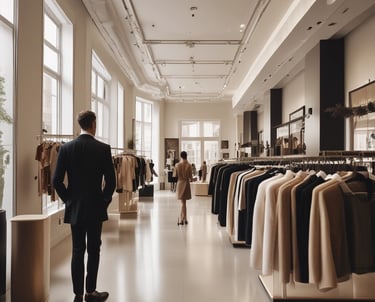 Elegant boutique interior with soft lighting and luxurious displays.