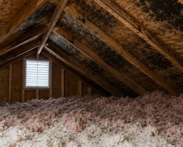 Colorado Springs attic showing black mold spreading across sheathing boards and insulation requiring professional certified