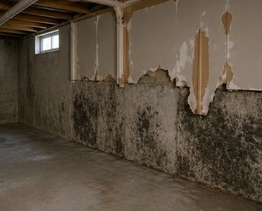 Colorado Springs basement showing visible mold growth on concrete walls and damaged drywall requiring specialist mold removal