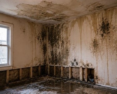 Colorado Springs home showing water stains and mold growth on walls and ceiling after water damage event requiring
