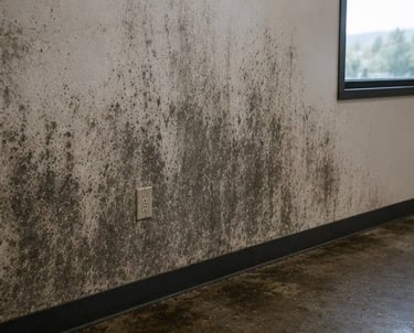 commercial building in Colorado Springs showing moisture damage and mold growth on interior walls requiring specialist