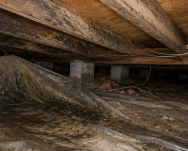 crawl space showing visible mold on floor joists and vapour barrier failure in Colorado Springs property needing specialist