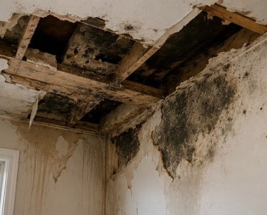 damaged ceiling and wall materials in Colorado Springs property showing structural deterioration caused by long term mold