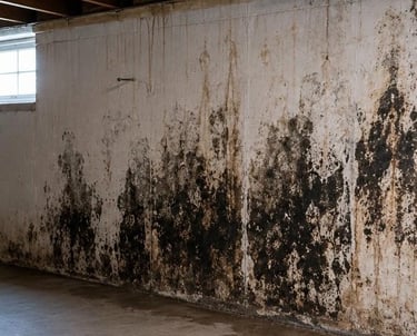 dark mold growth visible on basement wall of Colorado Springs home showing signs of water damage and moisture intrusion
