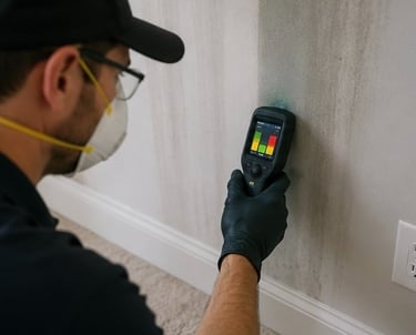 mold inspector using moisture detection equipment to identify hidden mold behind walls in Colorado Springs home