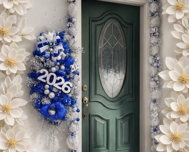 Festive 2026 New Year door decoration with blue and silver wreath and white floral garland.