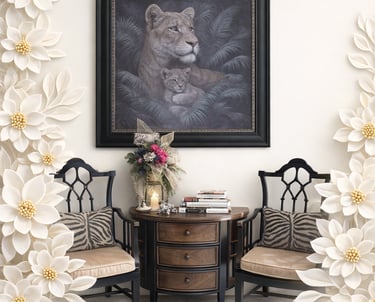 Elegant home decor featuring a lioness painting above a vintage table and two chairs framed by white paper flowers.
