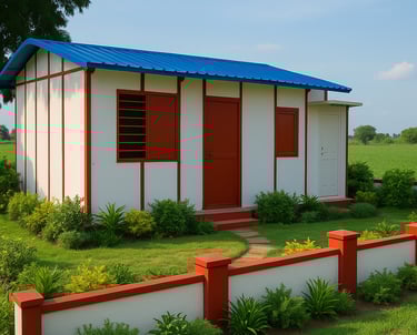 A small precast white house with red and white trimming