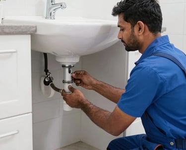 A friendly plumber in uniform inspecting a modern bathroom installation with a homeowner.