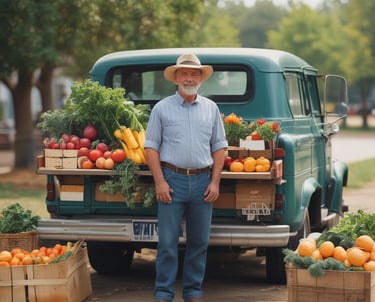A friendly farmer handing a basket of fresh vegetables to a smiling customer at a farm gate.