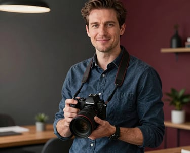 A professional portrait of a creative director in a North American / US workspace, holding a camera. The style is clean and professional with deep charcoal and deep ripe crimson elements in the decor.