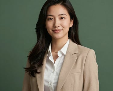A professional portrait of a social media lead in a North American / US studio, dressed in professional yet approachable attire. The lighting is soft and flattering, with a background of matte forest green.