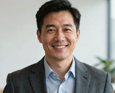 A professional portrait of a male media head in a North American / US office setting. He is smiling warmly, looking approachable and confident. The background is a clean, crisp parchment wall.