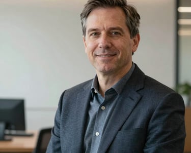 A professional portrait of the agency founder in a modern North American / US office. They are looking into the camera with a friendly, professional expression. Sophisticated lighting, background with crisp parchment textures.