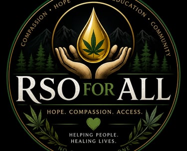 RSO For All logo featuring a golden cannabis oil drop held by hands against a mountain background.