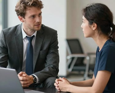 A confident coach guiding a client through a leadership strategy session in a bright office.