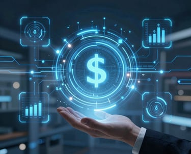 Data scientist analyzing complex graphs on multiple screens in a modern office.