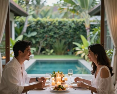 A cozy wooden house surrounded by dense tropical jungle greenery with a small veranda.
