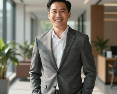 Professional portrait of a Southeast Asian / Vietnamese male executive in a smart casual Slate Grey blazer, smiling confidently in a modern, sunlit office hallway.