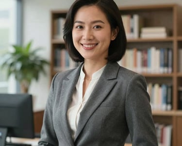 Professional portrait of a Southeast Asian / Vietnamese woman in a Slate Grey professional attire, smiling in a modern office library with books and plants in the background.