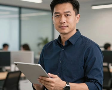 Professional portrait of a Southeast Asian / Vietnamese man in a Deep Navy shirt, holding a digital tablet and looking at the camera in a modern tech office environment.