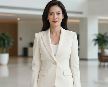 Professional portrait of a Southeast Asian / Vietnamese female leader in an elegant Off-white suit, standing in a bright minimalist lobby with modern architecture.