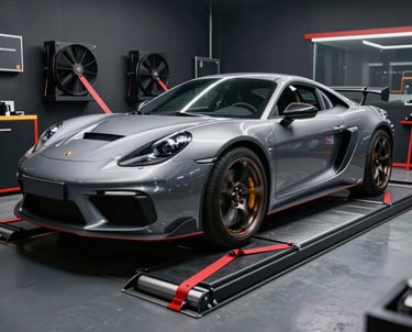 A high-end sports car on a 4WD chassis dynamometer (dyno) in a dark, professional tuning studio in Poland. Red straps and fans visible, high energy, motion blur on wheels.