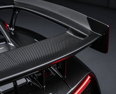 Close-up of a carbon fiber aerodynamic wing on the back of a performance car. Dark red lighting accents, high detail, luxury feel.