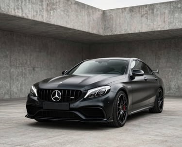 Front 3/4 view of a modified Mercedes-AMG C63 in matte black paint, parked in a minimalist concrete architectural space in Poland. Soft daylight, aggressive stance.