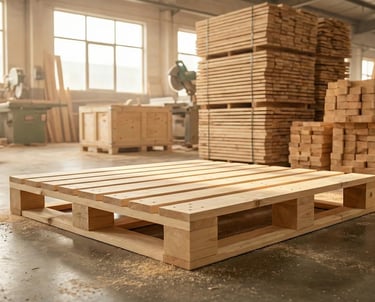 專業工業木製棧板 (Industrial Wooden Pallet)，結構堅固耐用，專為重型貨物及國際海運運輸設計。