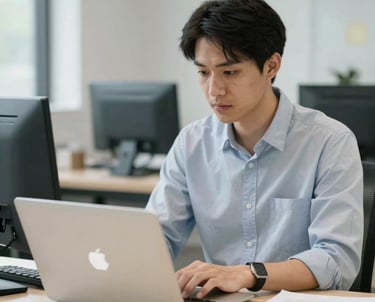 A modern office team collaborating over digital devices with green accents in the background.