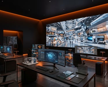 Photorealistic 3D visualization of a futuristic exhibition booth environment