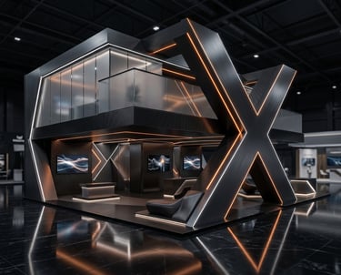 Custom exhibition stand design with futuristic architecture and immersive branding