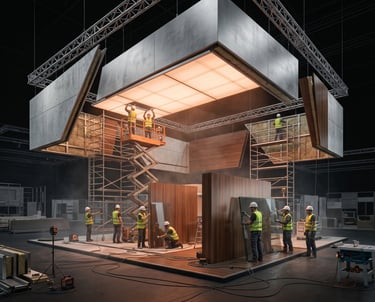 Professional trade show booth construction inside a premium exhibition hall