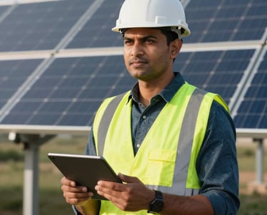 A professional portrait of a South Asian man in a high-visibility safety vest and hardhat, standing in front of a solar installation and holding a digital tablet. Bright, natural outdoor lighting.