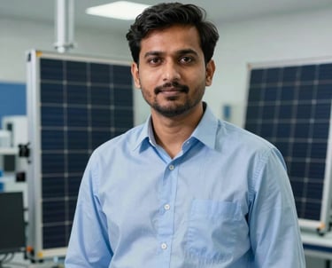 A professional portrait of a South Asian male engineer in a light blue button-down shirt, standing in a technical laboratory with solar equipment visible in the background. Bright, focused lighting.