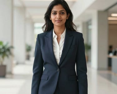 A professional portrait of a South Asian woman in smart business attire, standing in a bright, modern architectural space with clean lines. Professional and trustworthy expression.