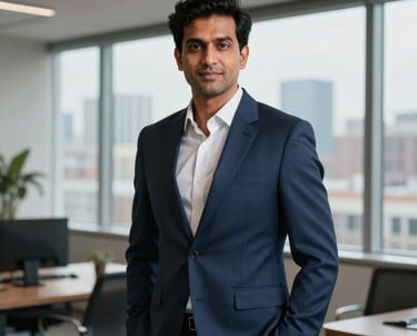 A professional portrait of a South Asian man in a tailored dark blue suit, standing in a modern office with large windows overlooking a city skyline. Soft, professional indoor lighting.