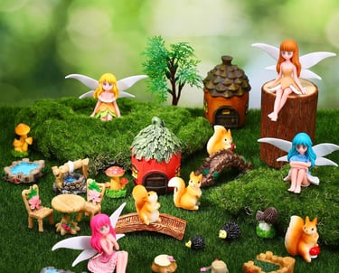 A miniature fairy garden kit featuring figurines, fairy houses, squirrels, and furniture on artificial moss.