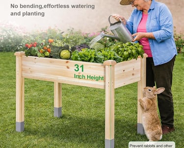 A woman watering vegetables in a 31-inch tall elevated wooden garden bed to prevent pests.