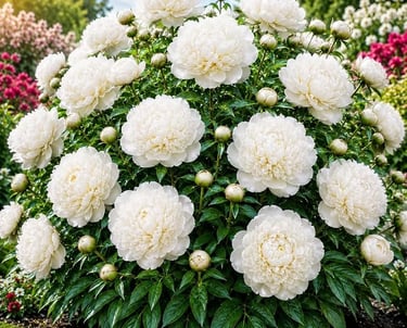 A large bush of blooming white peonies and green buds in a sunny summer garden.