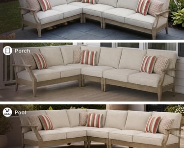 Outdoor sectional sofa set with cushions and pillows styled in a backyard, porch, and pool patio.