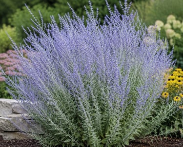 A Russian Sage perennial plant with silvery-green foliage and tall spikes of lavender-blue flowers in a garden.