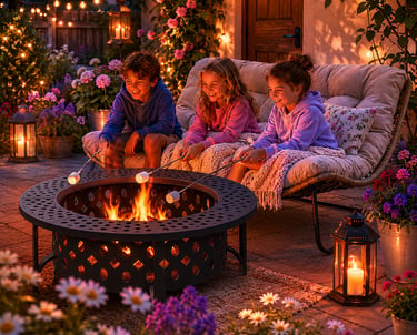 Three children roasting marshmallows over a backyard fire pit at night with cozy outdoor lighting.
