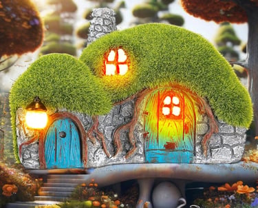 Whimsical stone fairy house with green moss roof and glowing windows in an enchanted garden.
