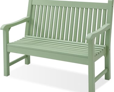 Sage green wooden garden bench with a slatted backrest and armrests for outdoor seating.