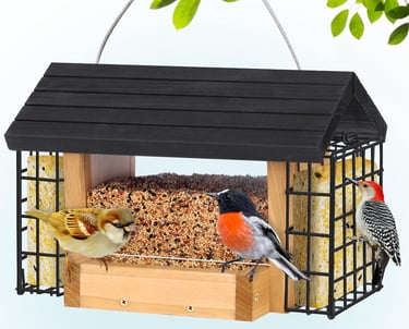 Three small birds eating birdseed and suet cakes from a hanging wooden bird feeder.