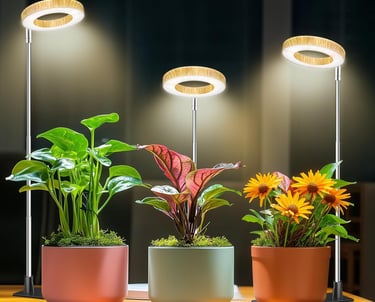 Three adjustable LED halo grow lights illuminating indoor potted houseplants on a wooden table.
