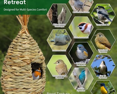 Handwoven reed hummingbird nest for various small bird species including flycatchers and tits.