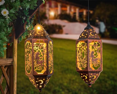 Two decorative solar-powered garden lanterns with moon and star cutouts hanging on a wooden pergola at night.